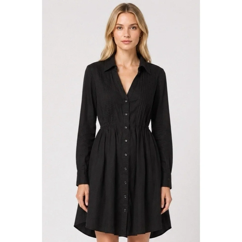 Stetson Black Shirt Dress Western Rodeo Pintuck Button Front Fit Flare SZ Large - Picture 10 of 11